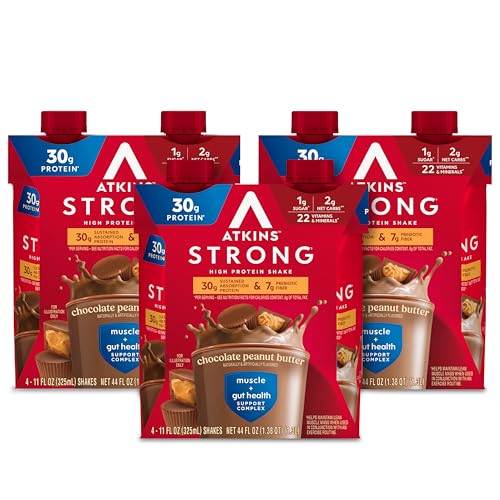 Atkins Strong High Protein Shake, Milk Chocolate Flavored, 30g Protein, Low Carb and Low Sugar Shake, Keto Friendly, Gluten Free, Muscle and Gut Health Support Complex, 12 Count