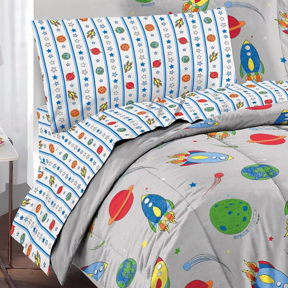 Dream Factory Space Rocket Twin 5 Piece Comforter Set, Bed-in-a-Bag Polyester, Grey, Multi, Male, Child