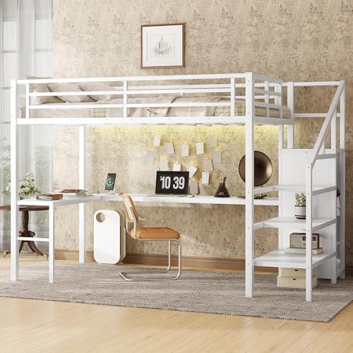 Ball & Cast Full Size Loft Bed with L-Shaped Desk,Led Light and USB Port, Metal Loft Bed Frame with Storage Stairs,Wardrobe & Full-Length Guardrails for Kids, Teens Adults,Space-Saving,White