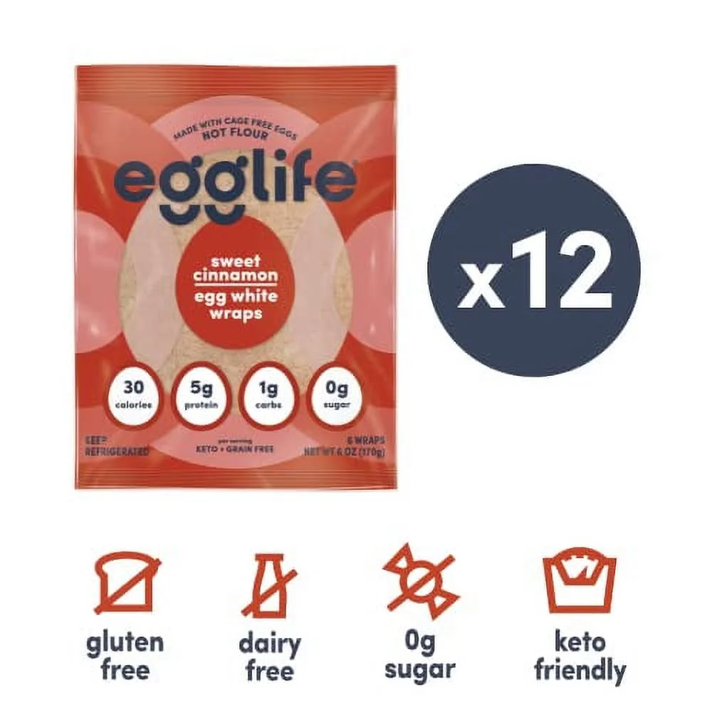 egglife egg white wraps, Sweet Cinnamon, Egg White Wraps, 72 Total Wraps (12-6 Packs) - Gluten Free, Dairy Free, No Flour, Sugar Free, Keto Friendly, Paleo, Low Net Carb, Protein Packed