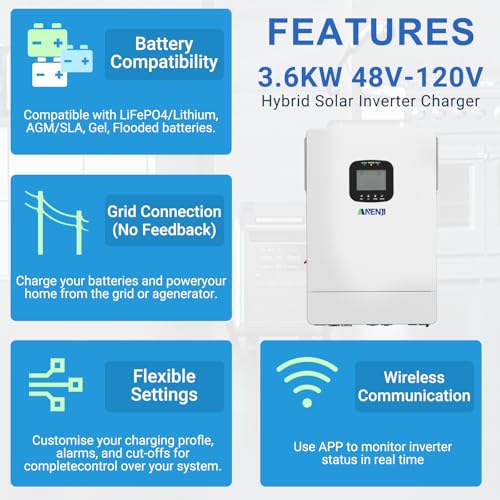 3600W Solar Inverter Charger, DC 48V to AC 110V Hybrid Inverter with Built-in 80A MPPT Controller, Pure Sine Wave PV Power Converter, Supports Battery-Less or AGM Lithium Battery