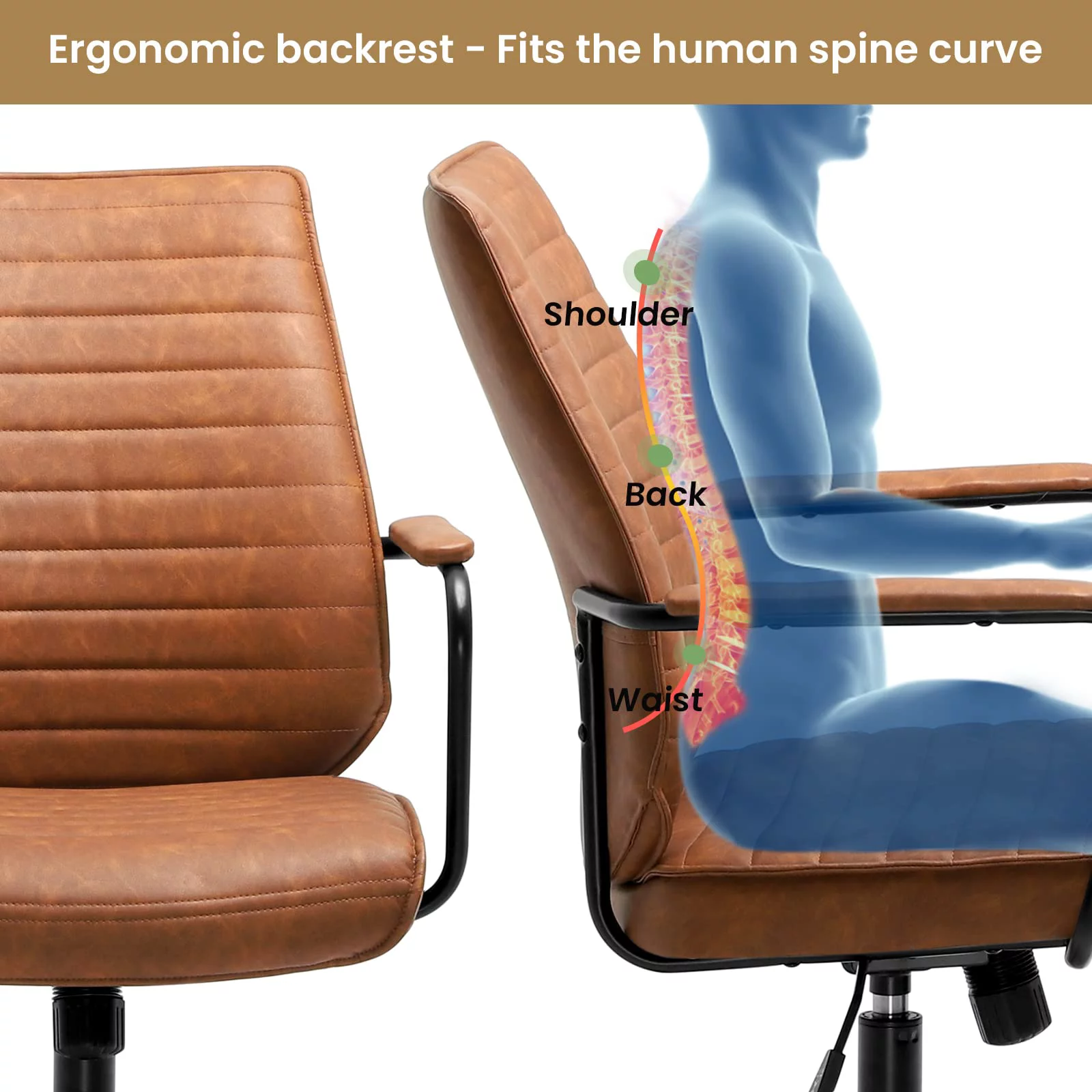 Leather Home Office Chairs Brown Task Desk Chair with Wheels&Armrest,Adjustable Height,Capacity 400lbs