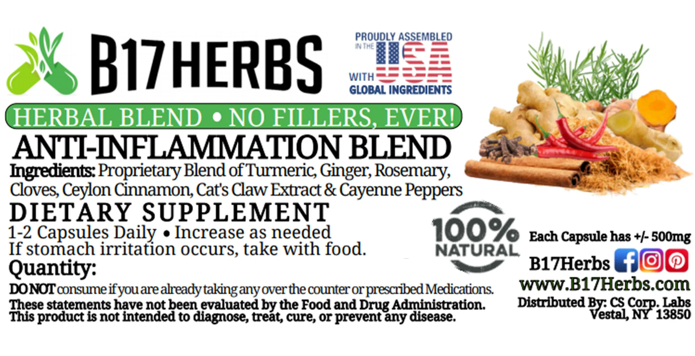 Turmeric Blend w/ Ginger | Cayenne | Clove | Rosemary | Cinnamon  - 200 veggie Caps - B17 Herbs