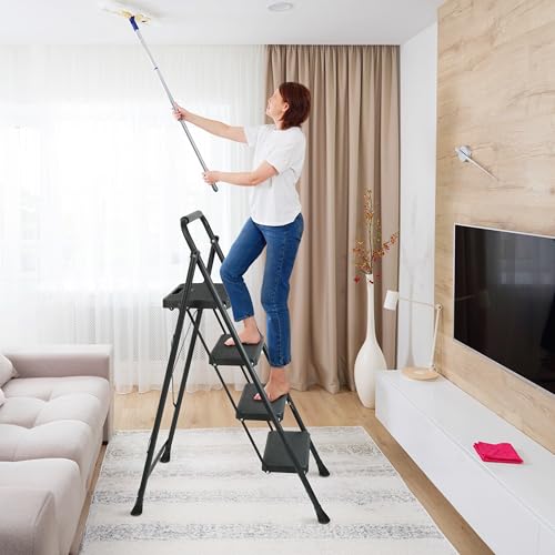 3 Step Ladder, Protable Steel Folding Stool with Wide Anti-Slip Pedal, 500lbs Sturdy Steel Ladder, Black