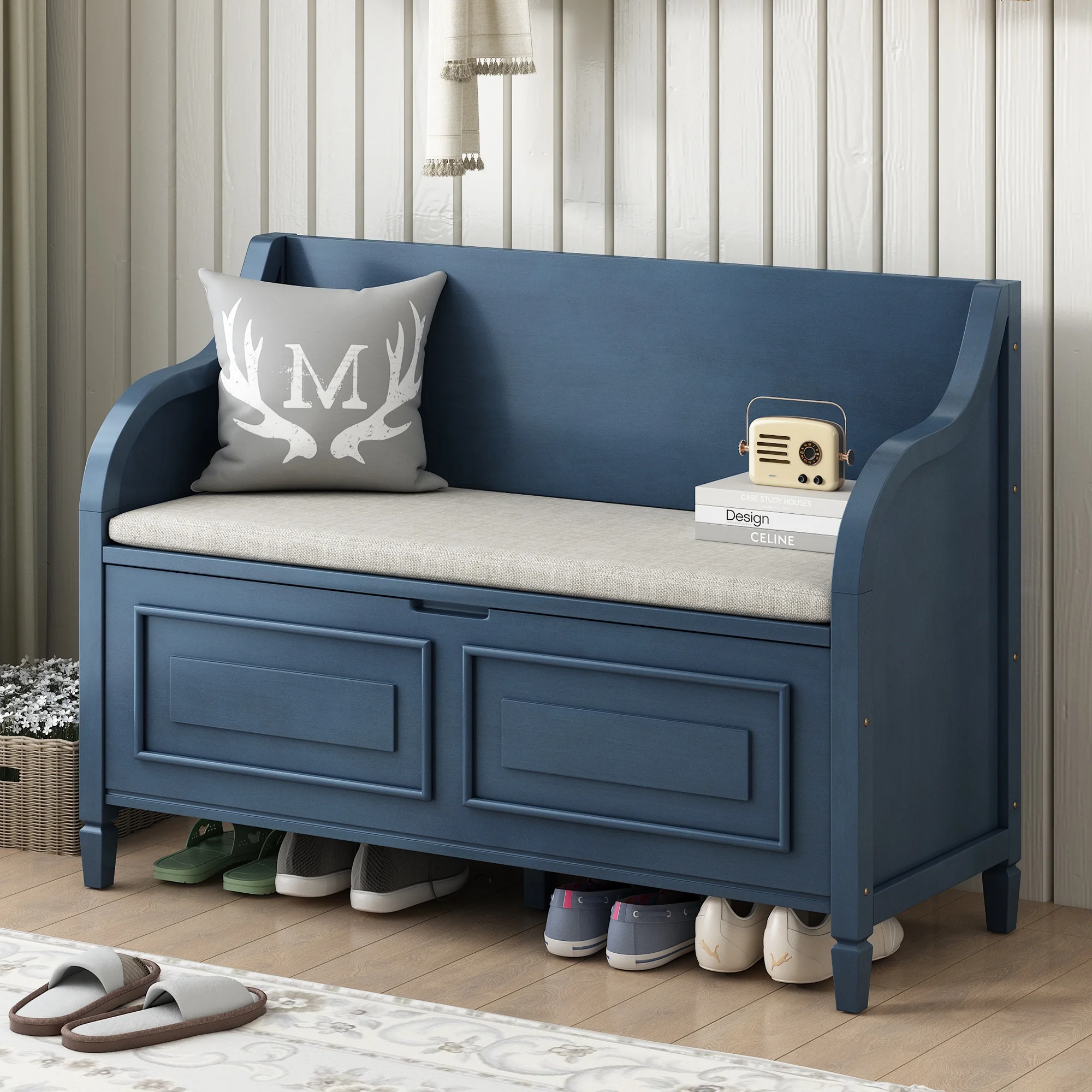 Atumon Storage Bench, Clamshell Entryway Bench, Shoe Bench with Hidden Storage, Wood Storage Cabinet with Removable Cushions and Backrest, Storage Bench Furniture for Entryway Hallway, Blue