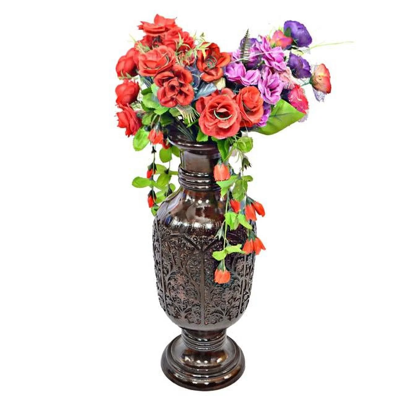 9 x 24 in. Round Antique Decorative Mango Wood Table Flower Vase with Unique Textured Pattern, Brown