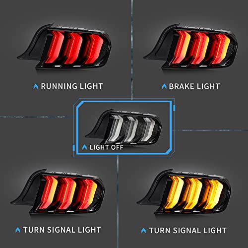 VLAND LED Rear Lights Compatible with Mustang 2015-2023 w/Sequential Amber/Red Turn Signal (5 Lighting Modes Switchable), Transparent Lens Taillight Assembly, Passenger&Driver Sides