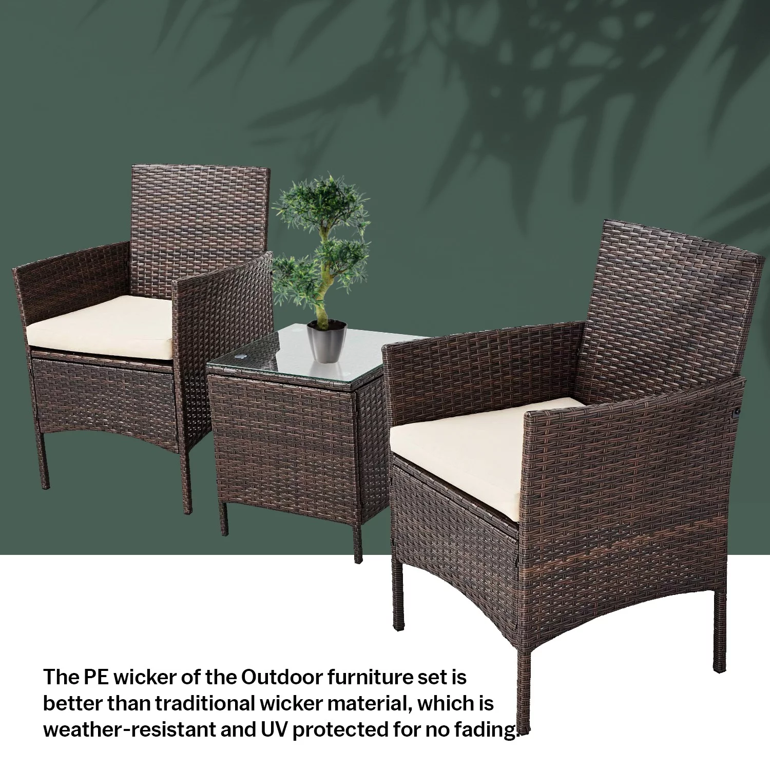 Sofia 3 Piece Rattan Bistro Patio Furniture Set- 2 Metal & Soft Cushion Chairs With a Beautiful Cafe Table - Beige