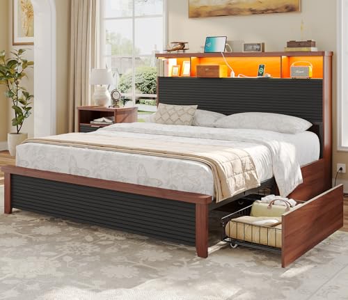VIAGDO Wood Bed Frame Full Size with 4 Storage Drawers and Charging Station, Fluted Led Full Bed Frame with 2 Tier Storage Headboard, No Box Spring Needed,Wood