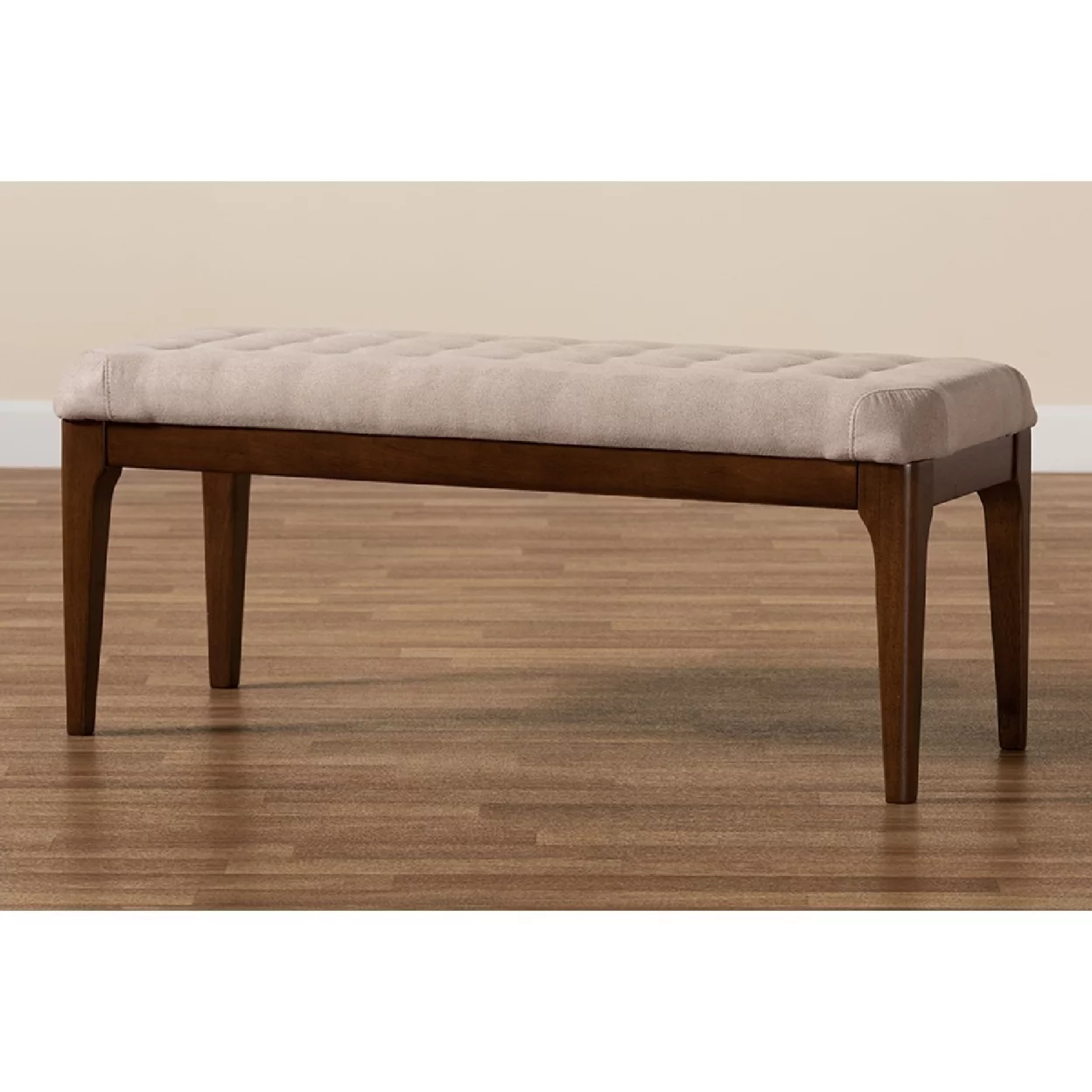 Baxton Studio Walsh Mid-Century Modern Beige Fabric Upholstered and Walnut Brown Finished Wood Dining Bench