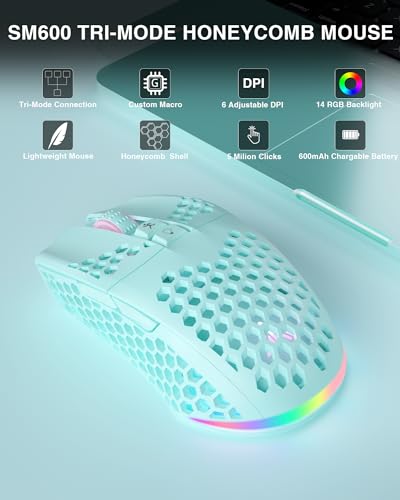 SM600 White Wireless Gaming Mouse,8000 DPI Tri-Modes BT5.1/Type-C Wired/2.4G Wireless Mouse with 2 Side Buttons, Programmable Macro Gamer Mouse with RGB Light for Laptop/PC/Mac