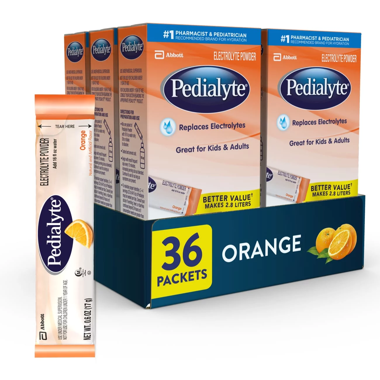 Pedialyte Electrolyte Powder Packets, Orange, Hydration Drink, 36 Single-Serving Powder Packets
