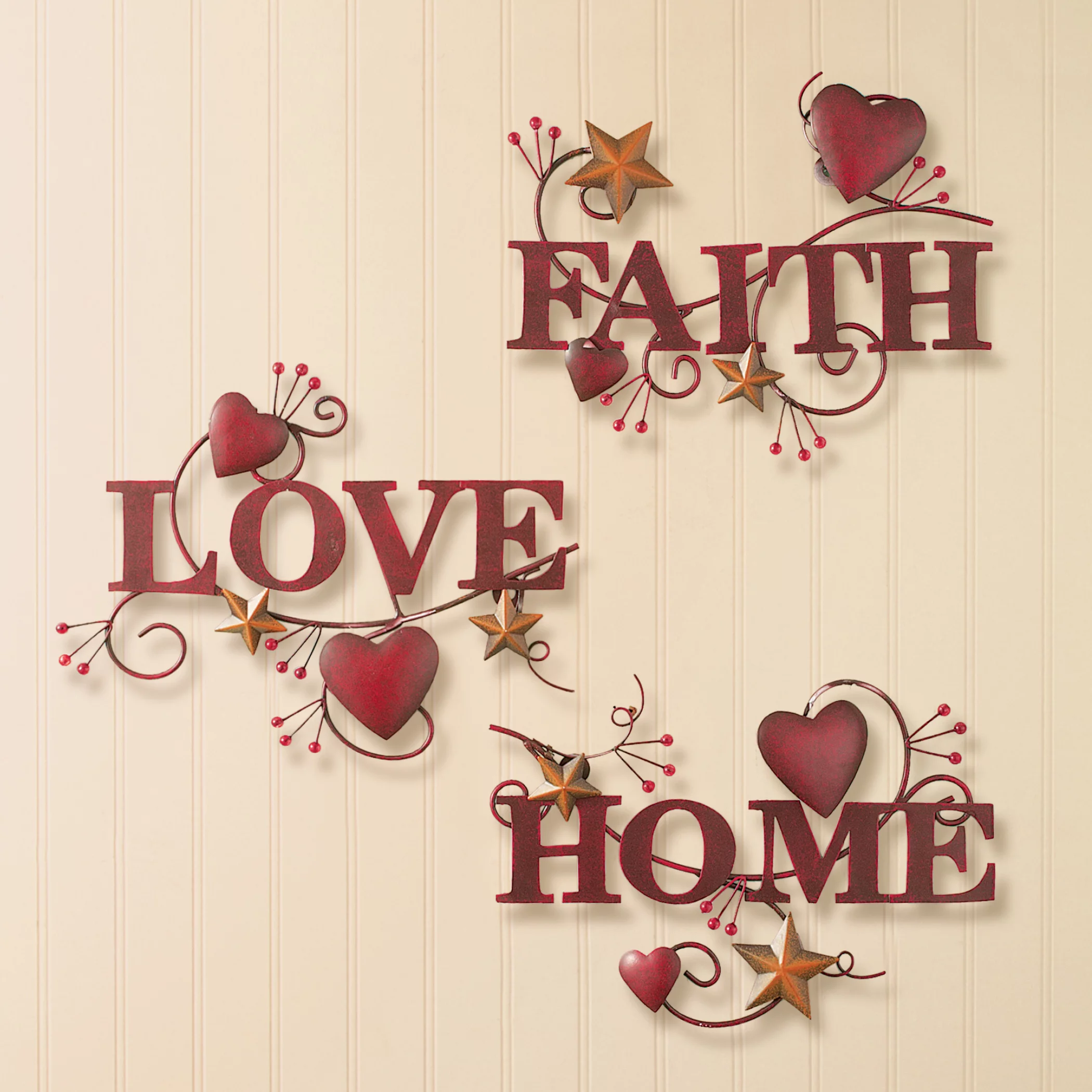 Collections Etc Red Home, Love and Faith Metal Wall Art - Set of 3