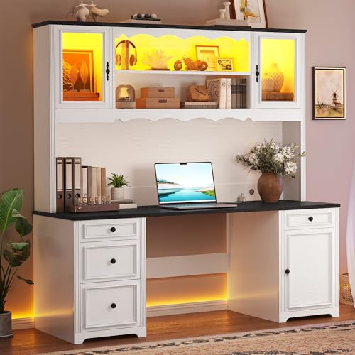 YITAHOME Executive Desk with Hutch and Drawers, Farmhouse Wood Computer Desk with Power Outlet & LED Lights, Home Office Desks with Storage Shelves, Storage Cabinet with Glass Door, White & Black