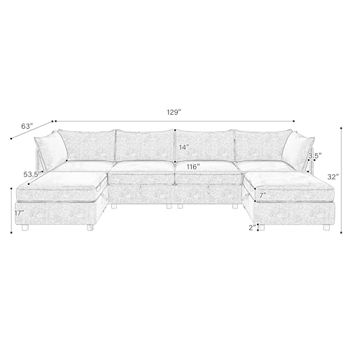 Oversized Modular Storage Sectional Sofa Customizable Seating Group Sofa&Couch Convertible Sleeper Sofabed with Movable Ottomans and Seat, U-Shaped Chenille Upholstered Sofa Couch for Living Room