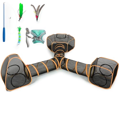 5 in 1 Outdoor Cat Tents with Tunnels for Outside - Cat Enclosures for Indoor Cats with 1 Cat Harness and Leash for Walking, 1 Cat Wand Toys, 3 Cat Feather Toys - Cat Playpen and Indoor Catio