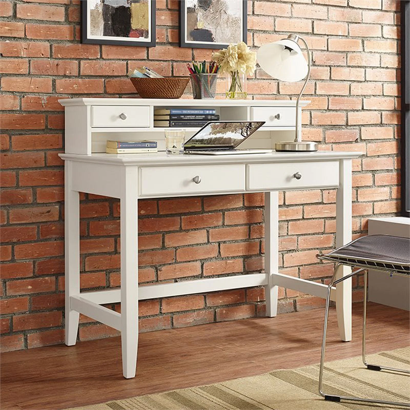 Pemberly Row Writing Desk with Hutch in White