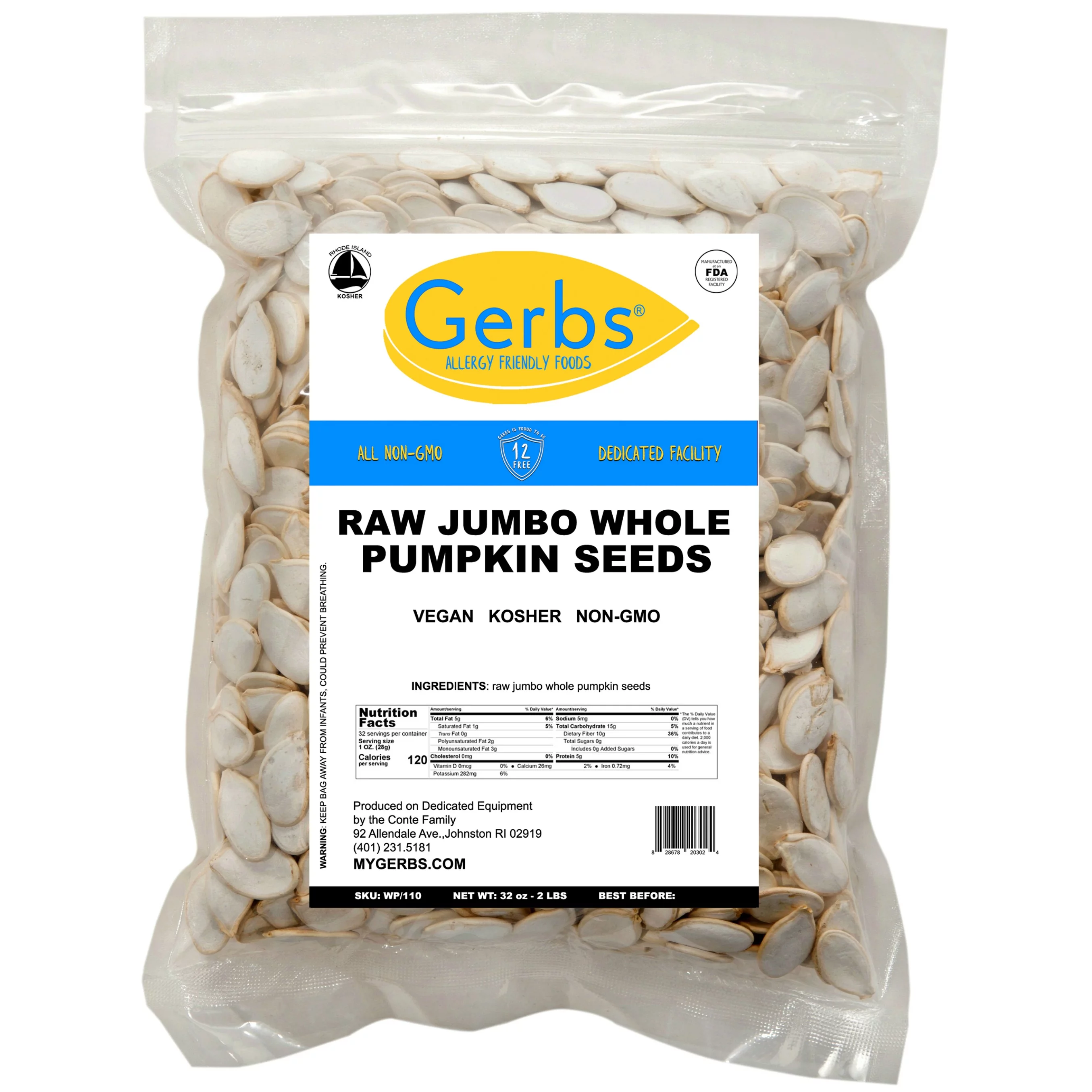 Jumbo Raw Pumpkin Seeds In Shell by Gerbs - 2 LBS - Top 14 Food Allergen Free & Non GMO - Vegan & Kosher