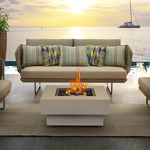 Propane Outdoor Fire Pit Table, Flint & Concrete Look 32.5-inch Round Patio Gas Fire Table 50,000 BTU w/Lid, Glass Rocks, Cover, Pre-Attached 10ft Propane Hose