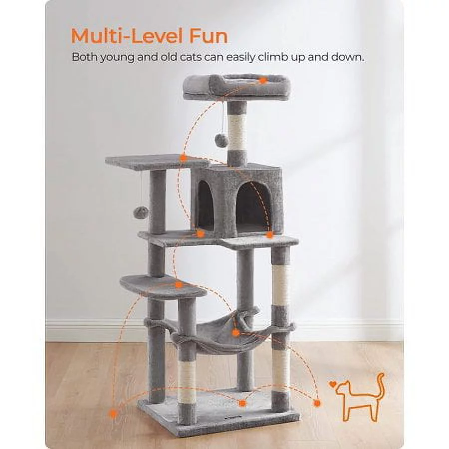 Feandrea Cat Tree Cat Tower Cat Condo with Scratching Posts Hammock Cat Activity Center Light Gray