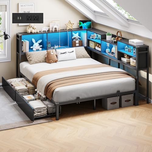 DICTAC Corner Twin Bed Frame with Bookcase Storage and Led Lights Metal Twin Size Platform Beds with Storage and Charging Station Twin Daybed with 2 Drawers for Living Room,Bedroom & Guest Room,Black