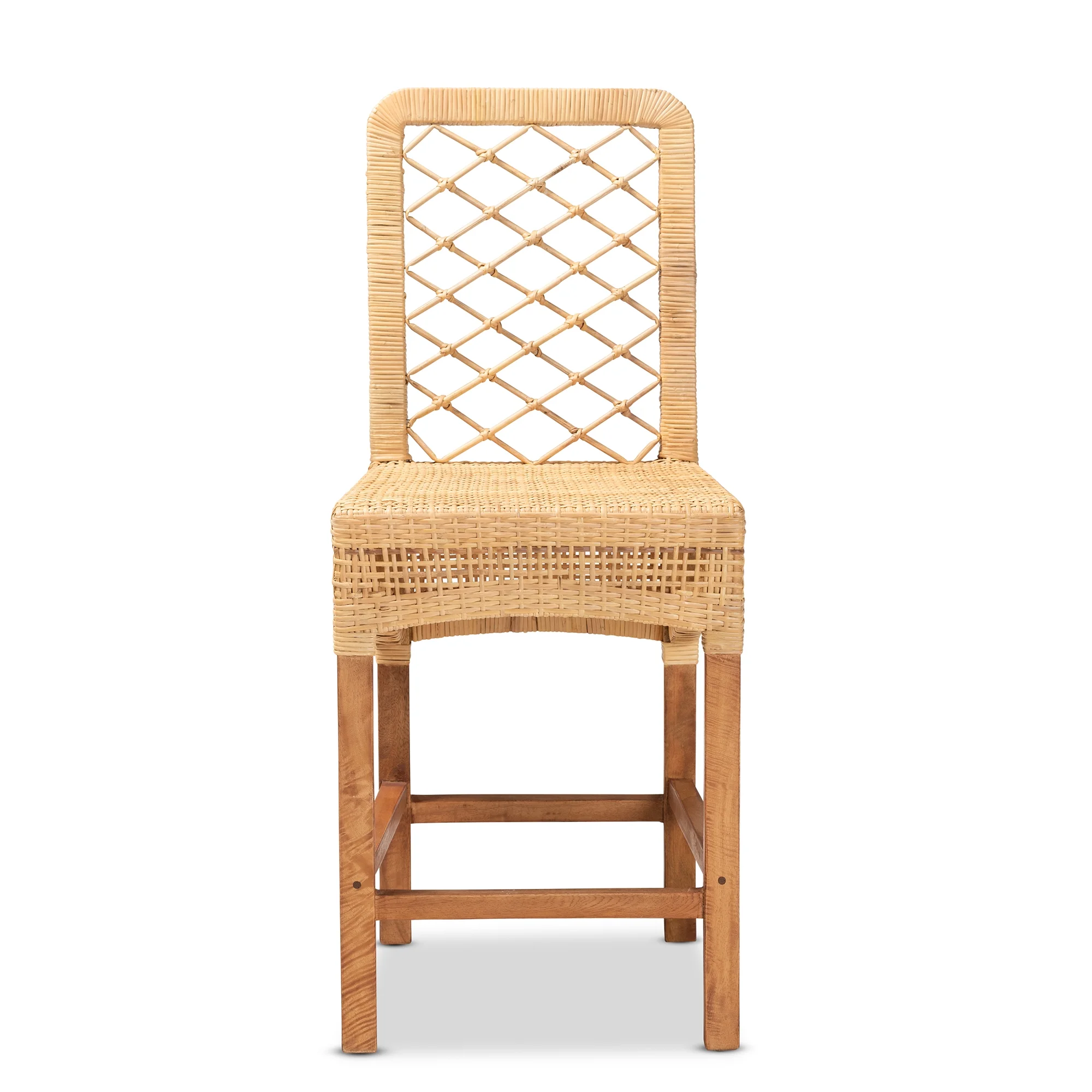 bali & pari Moscow Modern BoHo Natural Rattan and Walnut Brown Finished Wood Counter Stool