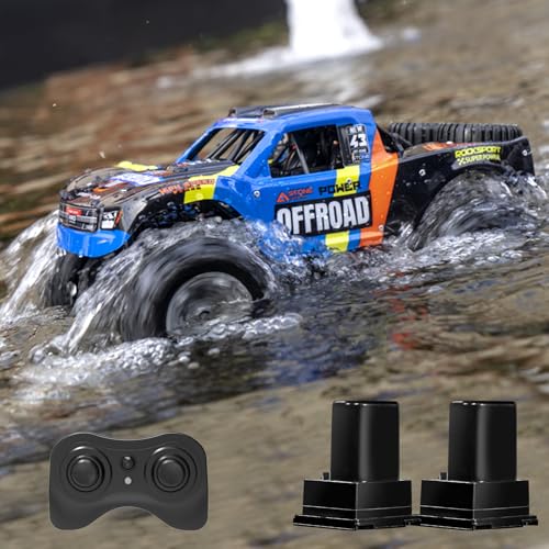 Monster Truck Toys, 2.4G Amphibious Remote Control Car for Boys, 1:16 Scale All-Terrain Rc Car with Double-Sided Driving, 4WD, 2 Rechargeable Batteries, for Boys & Adults-Blue