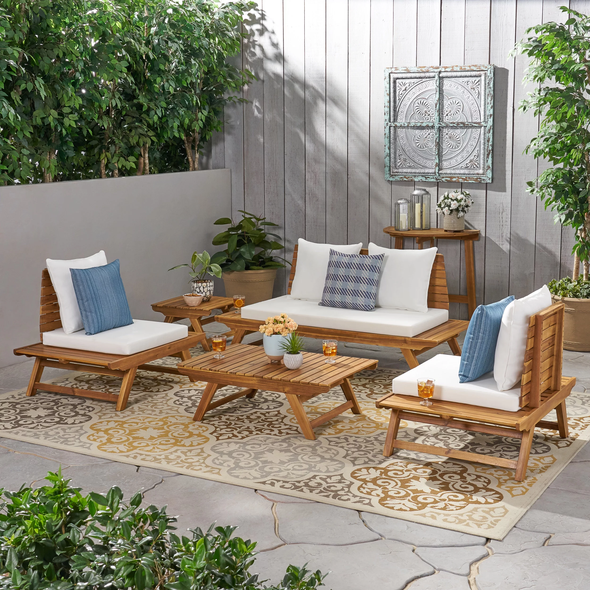 Noble House Sedona Outdoor 4 Seater Chat Set with Side Table & Coffee Table Teak