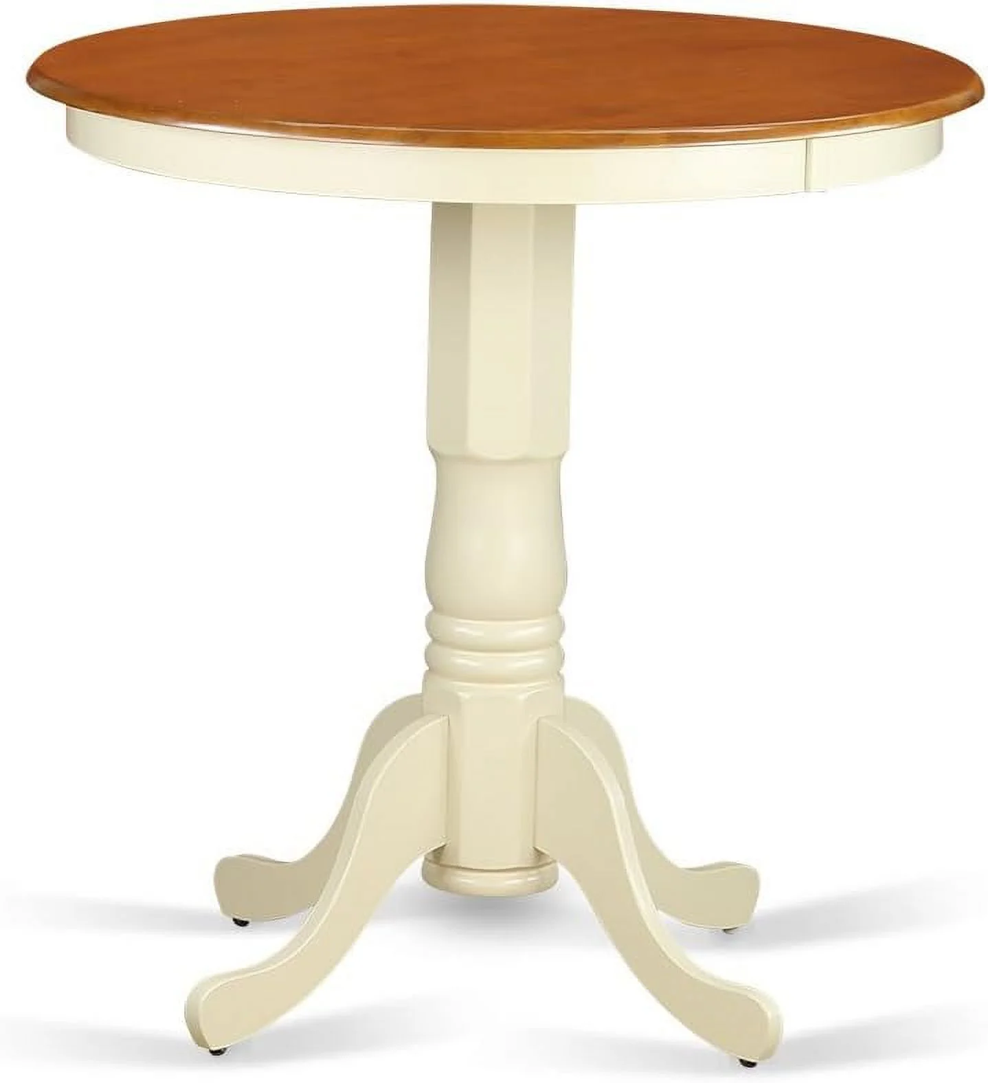 5 Piece Kitchen Counter Height Dining Table Set Includes A Round Wooden Table With Pedestal And 4 Dining Chairs, 30X30 Inch, Buttermilk & Cherry