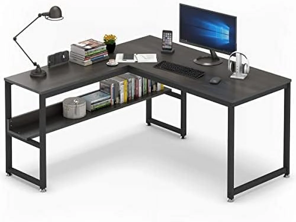 L Shaped Desk  Office Computer Corner Desk  55 inch  Gaming Desk Table  Writing Study Workstation with  Shelves for  Office  Space-Saving  Industrial  Rustic Brown