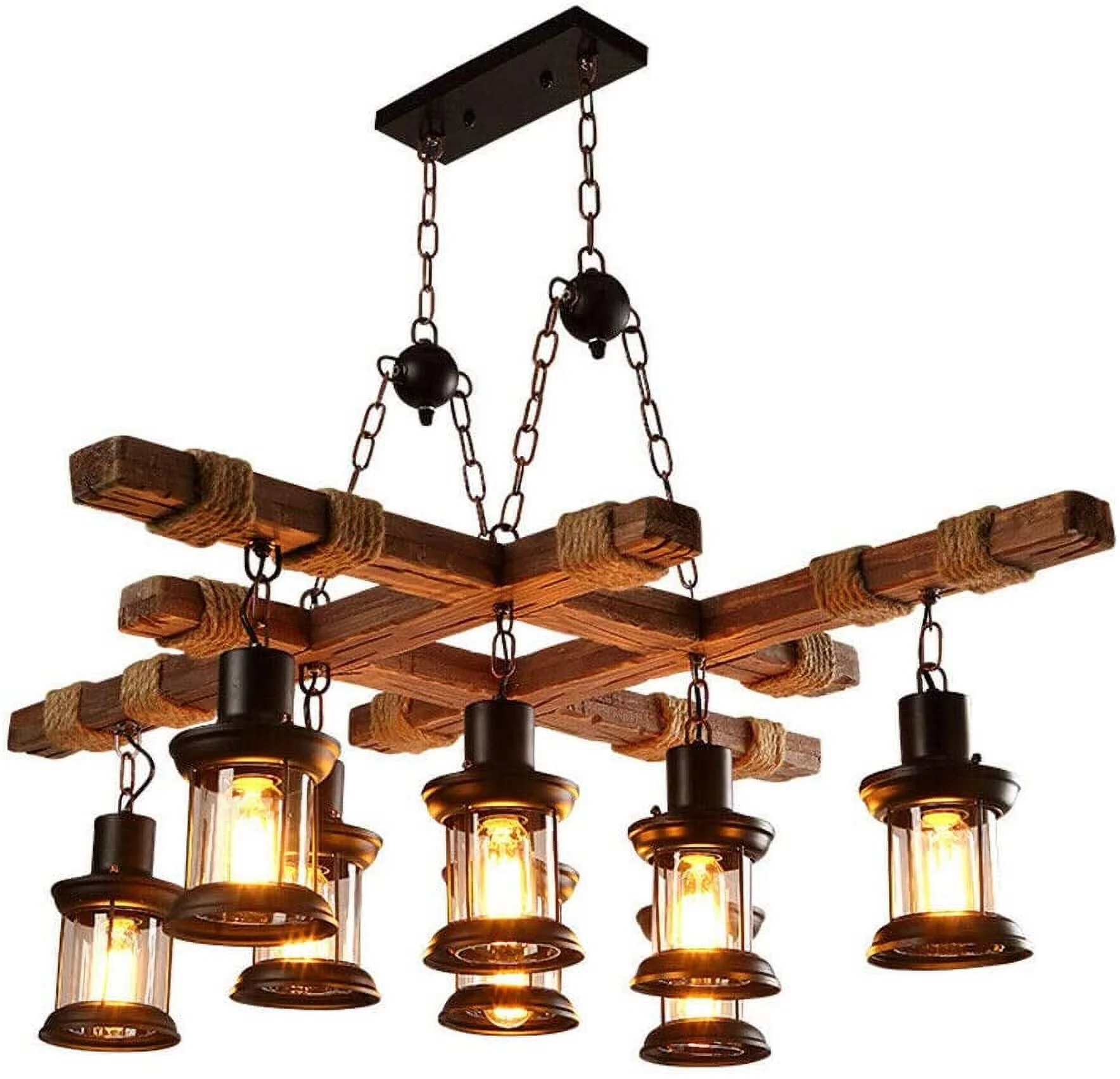 OUKANING 8-Light Farmhouse Chandelier, Retro Iron Wooden Frame Industrial Pendant Light Rustic Antique Ceiling Lamp Lighting Fixtures