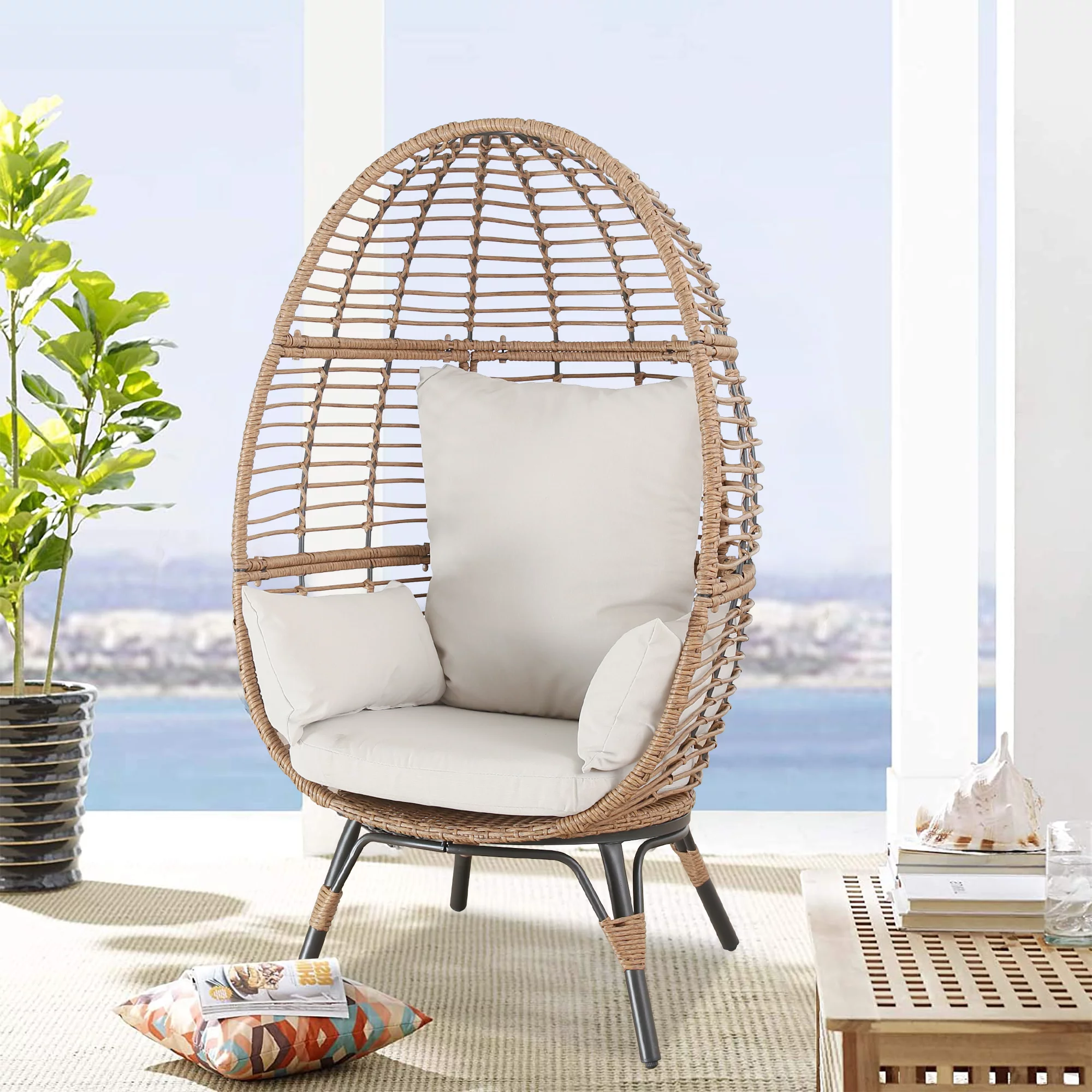Ulax Furniture Outdoor Patio Wicker Egg Chair Indoor Tear Drop All-Weather Rattan Chair with 4 Cushions for Patio, Backyard, Living Room
