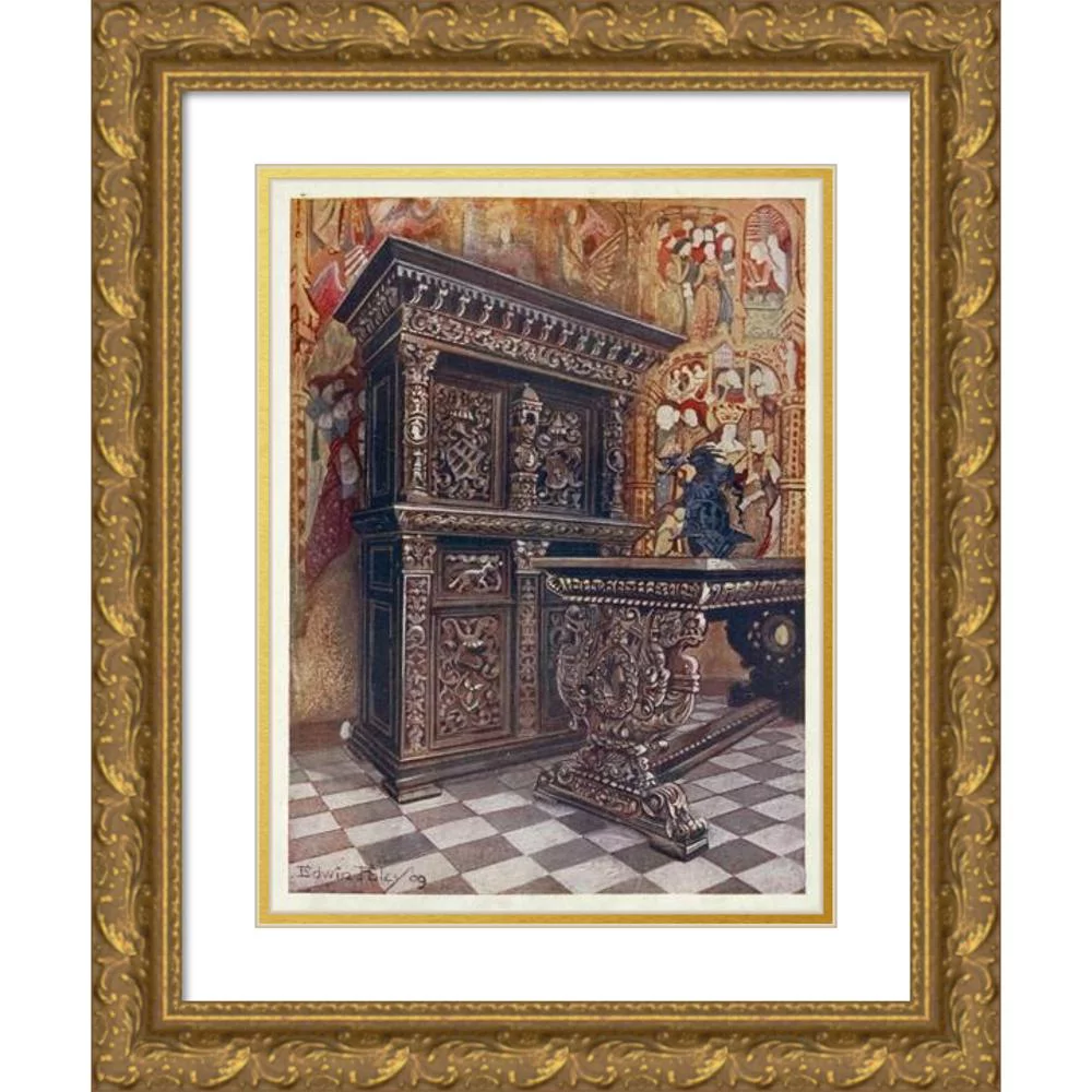 Edwin Foley 14x18 Gold Ornate Wood Frame and Double Matted Museum Art Print Titled - Carved Oak Armoire, Carved Oak Table (1910 - 1911)