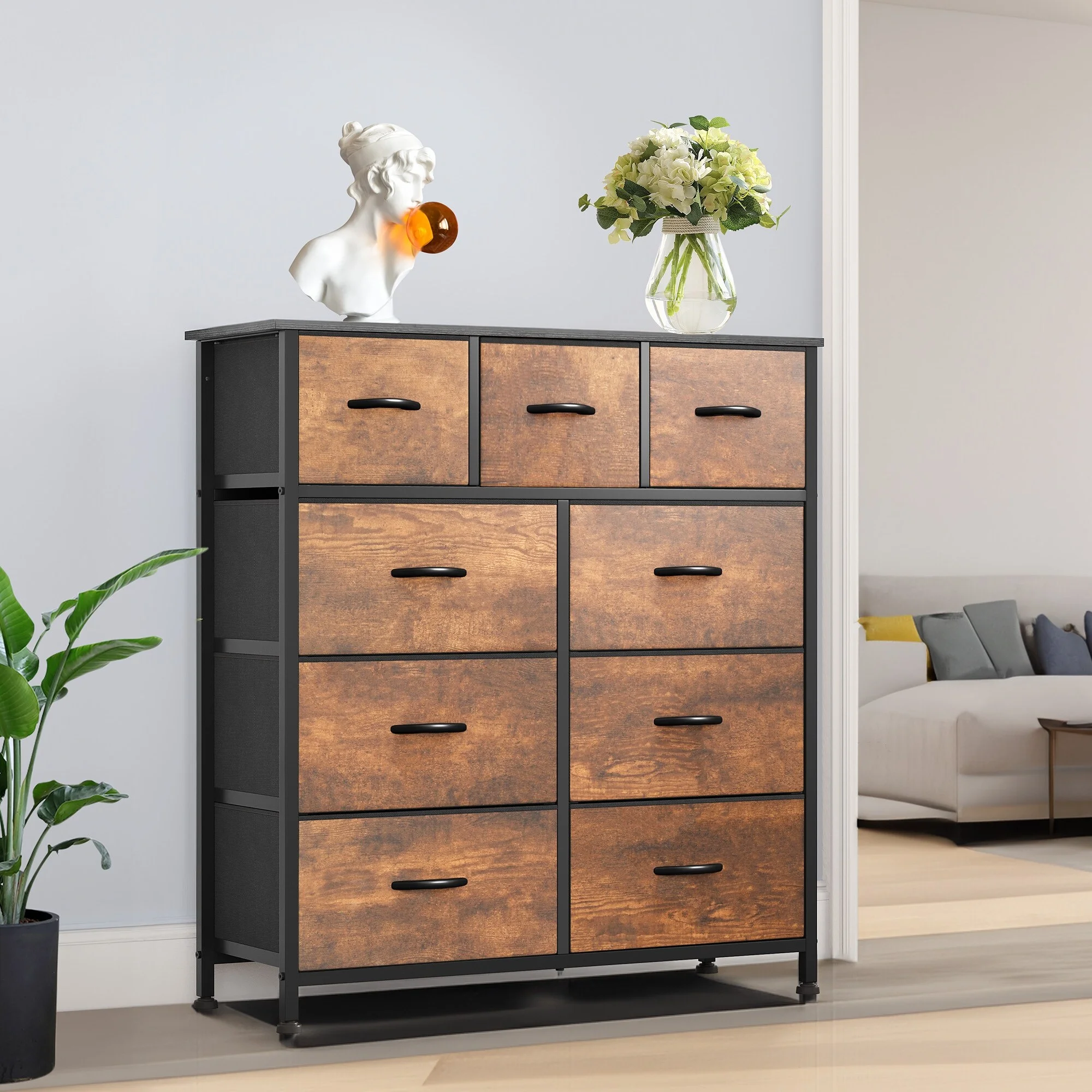Warranty Company Moasis Rustic Wood-grain Badroom Dresser with Metal Frame, Wooden Top 9-drawer