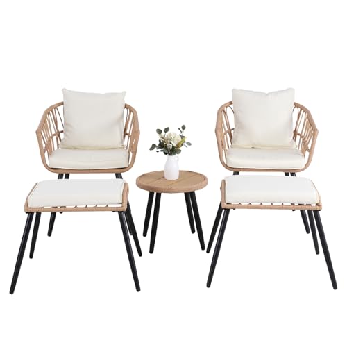 3 Pieces Patio Bistro Set, Outdoor Wicker Table and Chairs Set of 2, Rattan Balcony Furniture Set with Cushions for Front Porch Apartment Backyard Deck,Beige