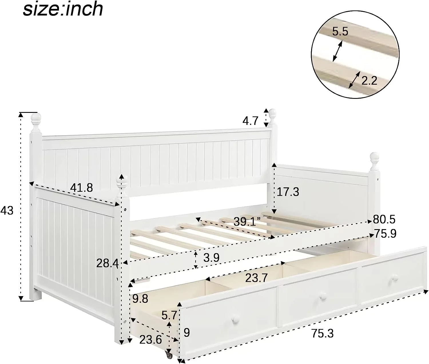 Wood Daybed With Three Inseparable Drawers, Size Sofa Bed Frame, Modern Style Daybed For Bedroom Guest Room, No Box Spring Needed (White)