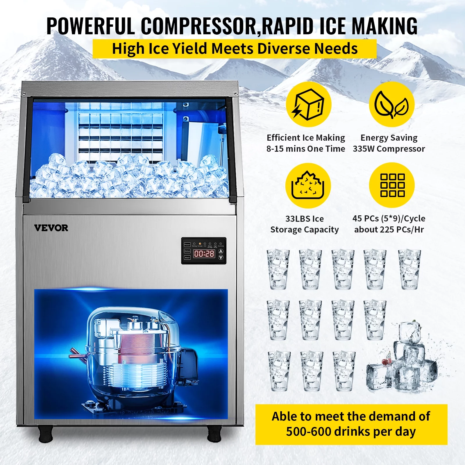 VEVORbrand Commercial Ice Maker 110-120lbs/24H with 33lbs Bin and Electric Water Drain Pump, Clear Cube, Stainless Steel Construction, Auto Operation
