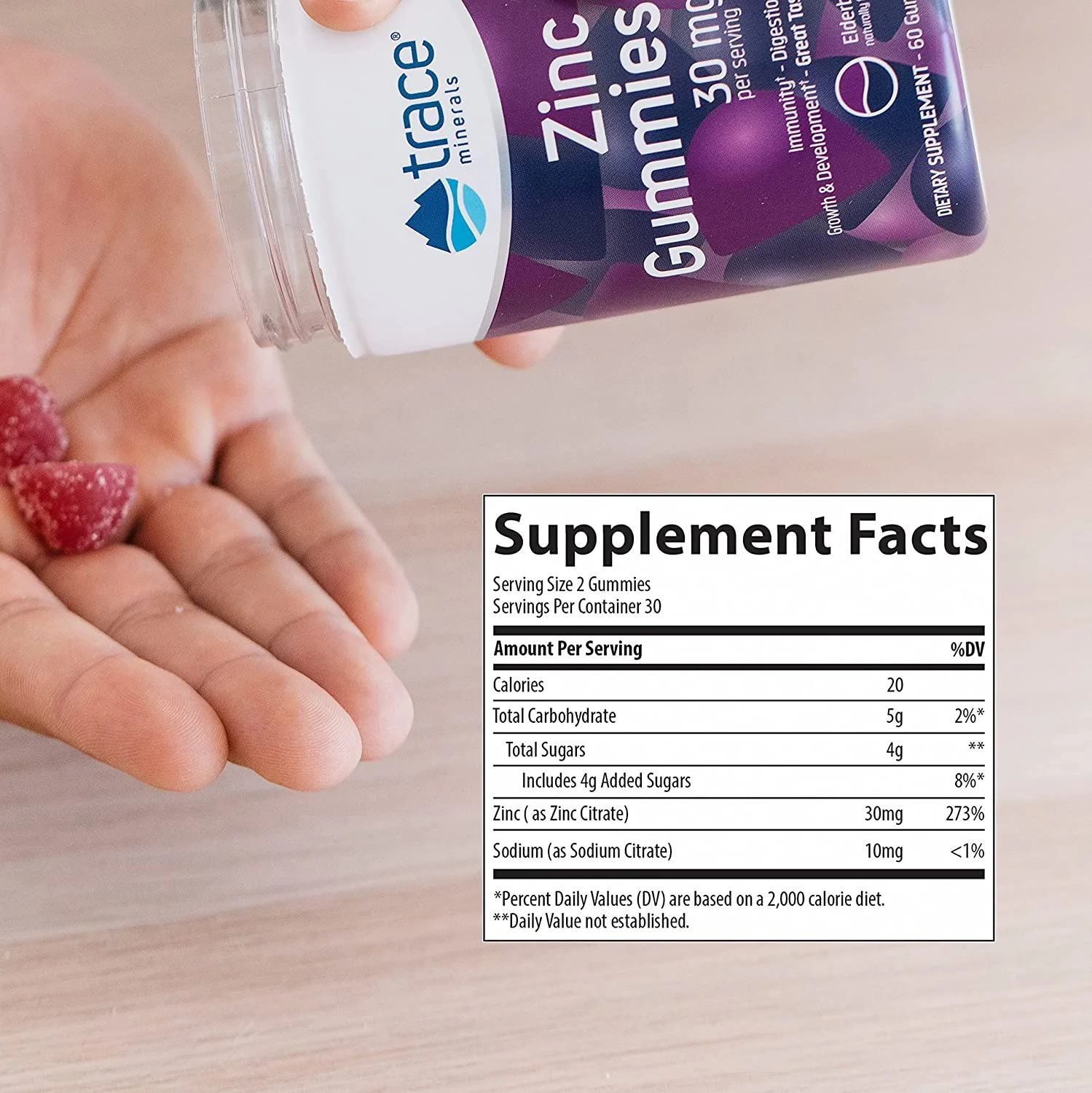 Trace Minerals | Zinc Chewable Gummies | Natural Immune Support Booster for Adults and Kids | Vegan, Gluten Free, Non-GMO | Elderberry Flavor | 30mg of Servings, 1 Pack