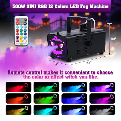 TCFUNDY 500W Fog Machine with 9 LED Lights, Fogger with 12 Color Lights Effect for Halloween Wedding DJ Party Stage, Portable Smoke Machine Outdoor with Remote Control