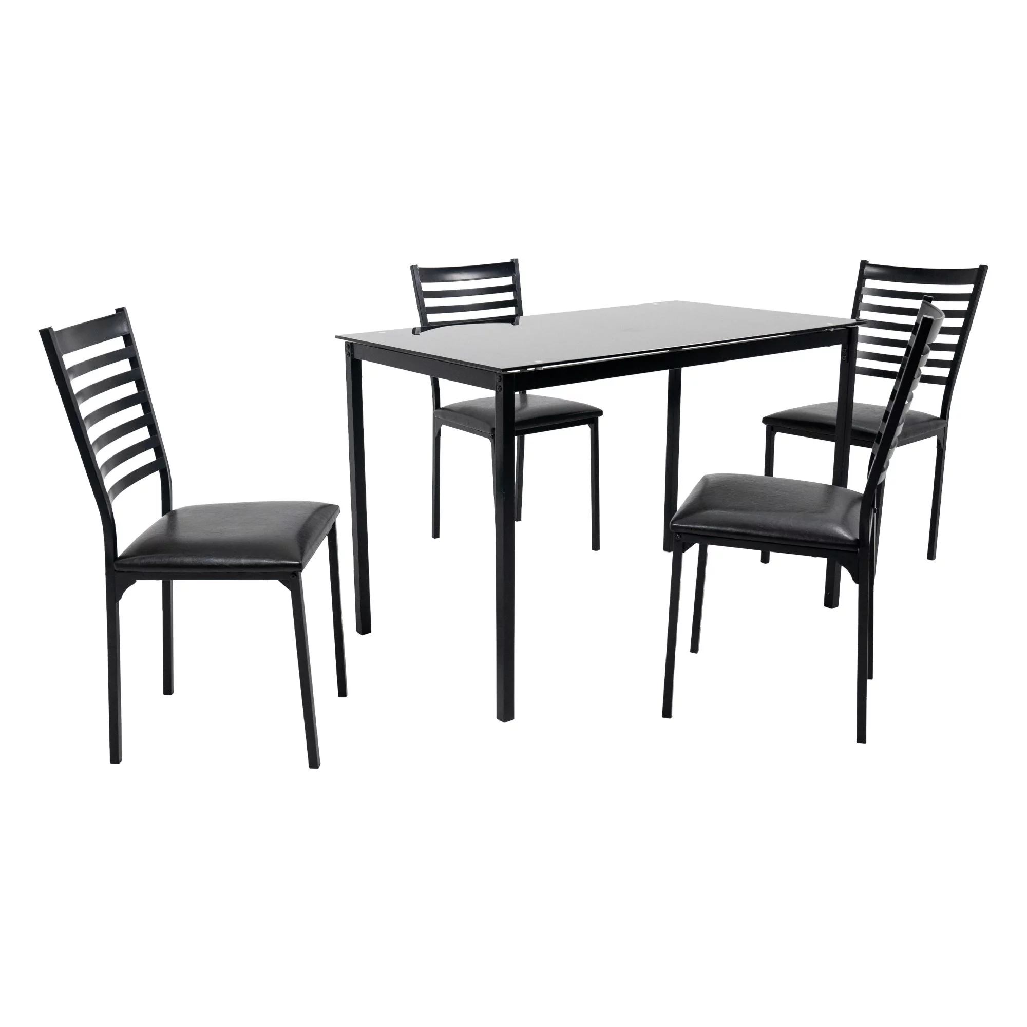 5 Piece Dining Table Set Kitchen 1 Table and 4 Upholstered Chairs Metal Frame Tempered Glass Top Black