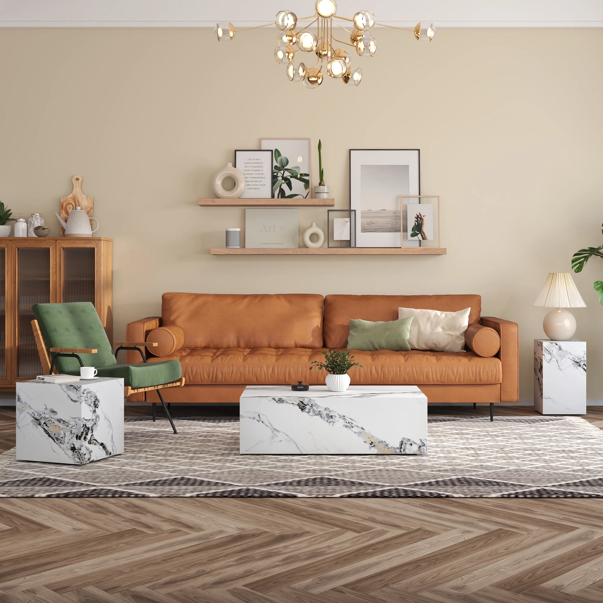 Sudica Coffee Table Set of 3, Modern Cube End Table 3-Piece with Faux Marble Top Center Table for Living Room