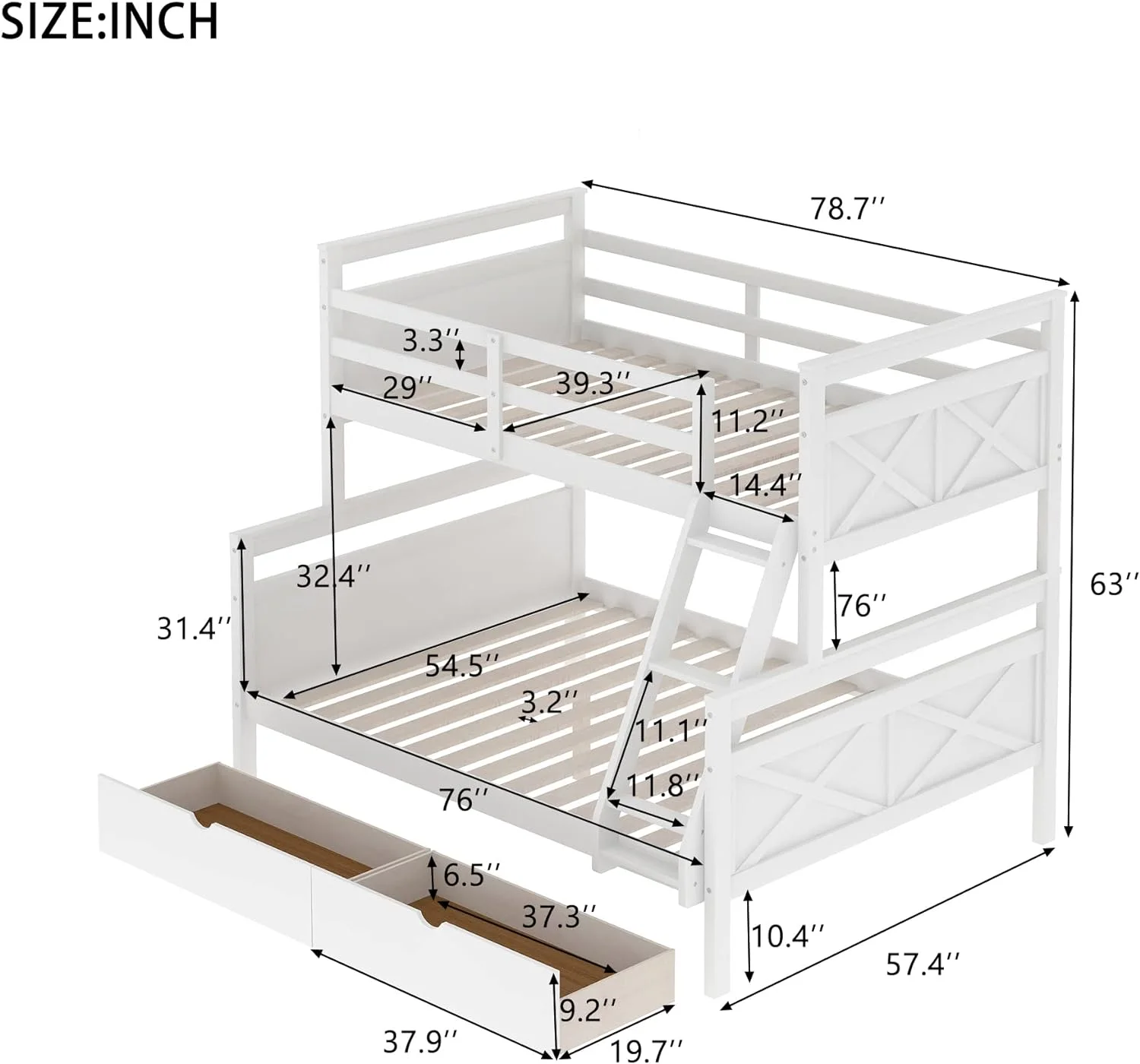 Wooden Bunk Bed With Two Storage Drawers, Ladder And Safety Guardrail, Convertible Into 2 Separated Beds, White