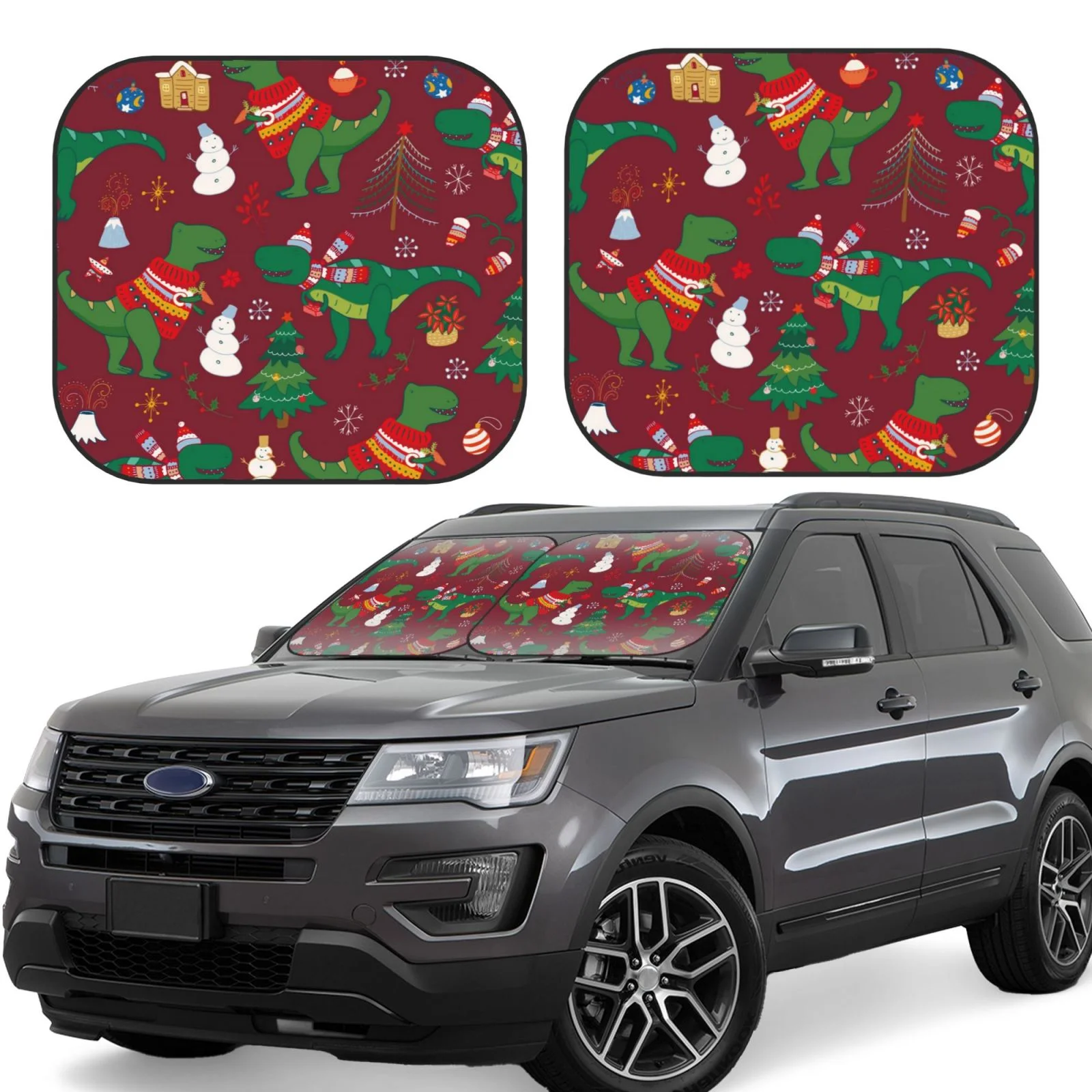 Daiia Dinosaur Christmas Happy New Year Windshield Sun Shade 2 Pack Foldable Car Front Window Sunshade For Most Sedans Suv Truck Auto Sun Blocker Visor Protector Blocks Max Uv Rays