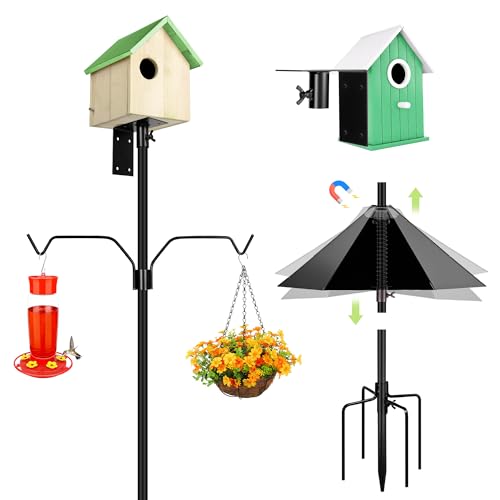 Bird Feeder Pole, 79 Inch Heavy Duty Bird House Pole Mount Kit for Outdoors, Adjustable Feeding Stand, with 2-Hooks, Metal Squirrel Baffle and 5-Prong Base, Black
