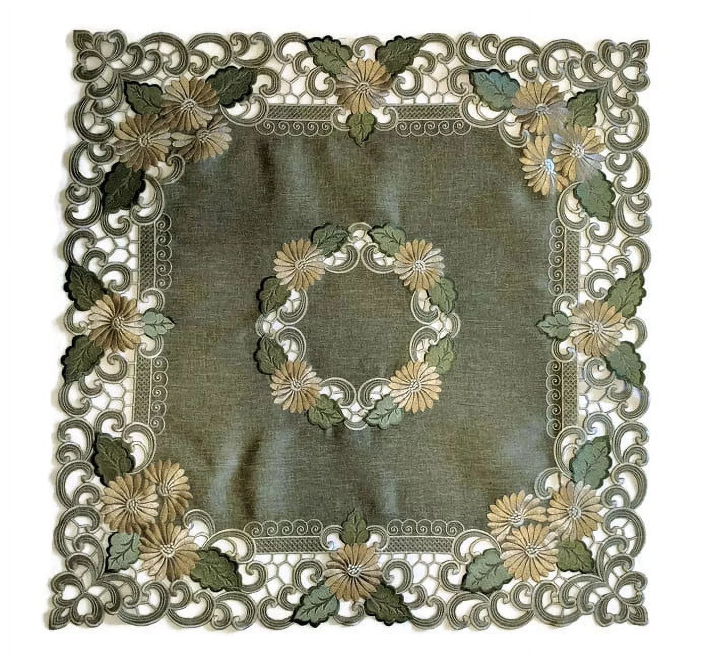 Doily Boutique Tablecloth or Table Topper Square Embroidered with Gold Daisy Flowers on Sage Green Burlap Linen Fabric Size 34 inches