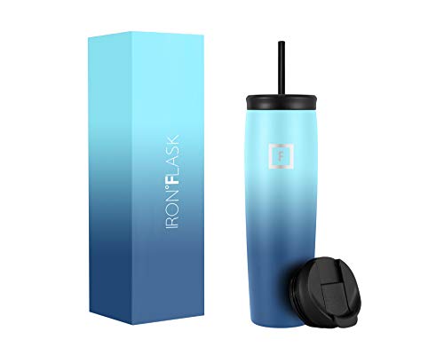 IRON °FLASK Nomad Tumbler - 2 Lids Straw/Flip, Vacuum Insulated Stainless Steel Bottle, Double Walled, Drinking Cup, Thermo Coffee Travel Mug, Water - Blue Waves, 16 Oz