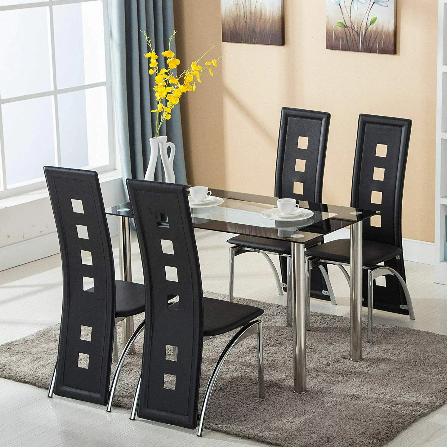 Modern 5 Piece Dining Table Set Tempered Glass Transparent Dining Table with 4pcs Chairs Room Kitchen Breakfast Furniture 110cm Unique Design Home Decor(Black)