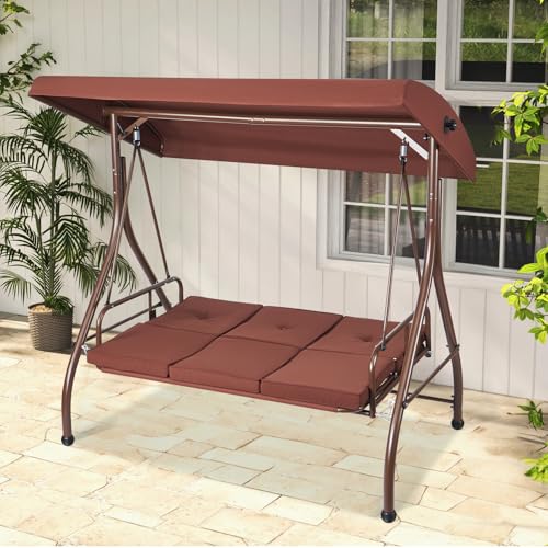 VEVOR 3-Seat Patio Swing Chair, Converting Canopy Swing, Outdoor Patio Porch with Adjustable Canopy, Removable Thick Cushion and Alloy Steel Frame, for Balcony, Backyard, Poolside, Brown