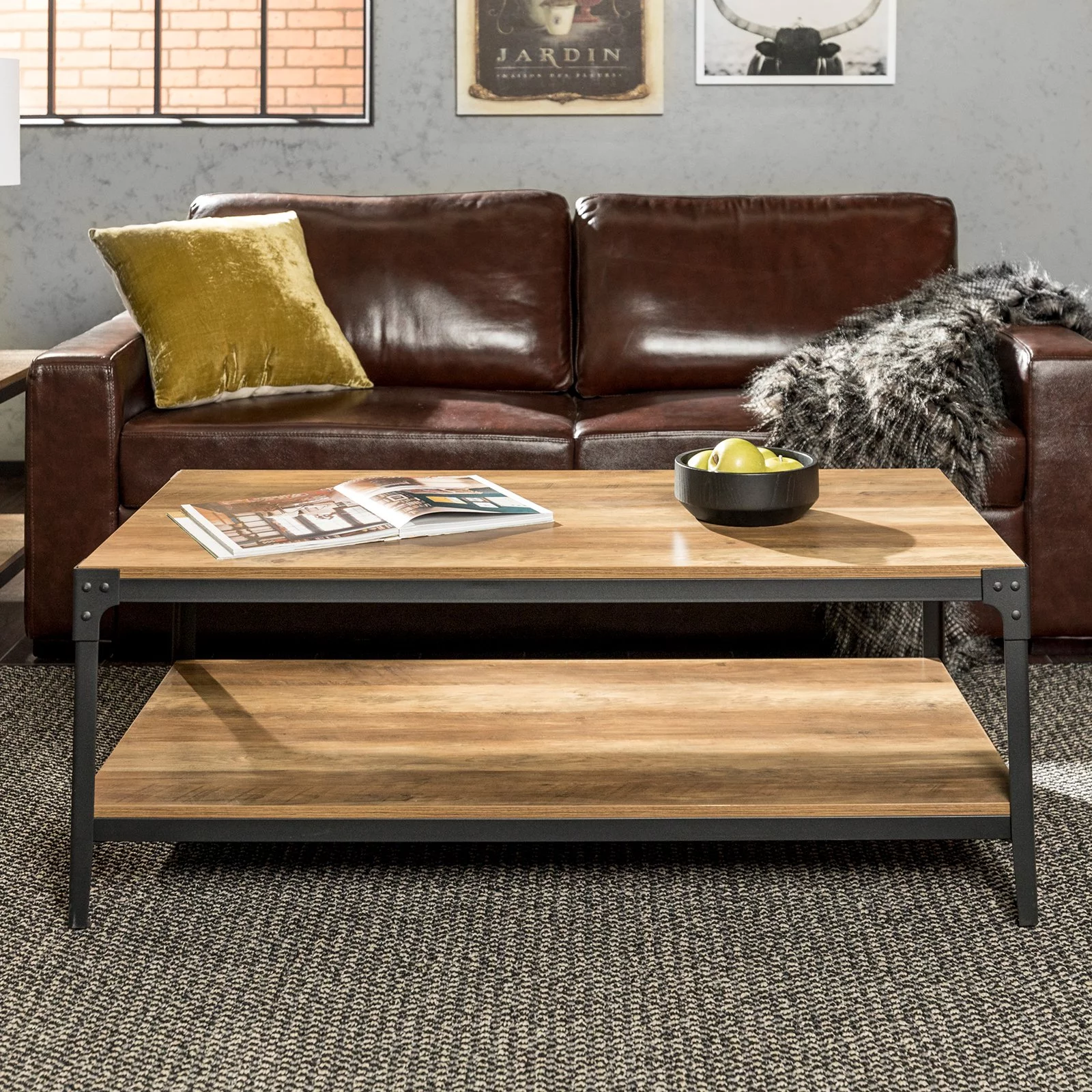 Angle Iron Rustic Metal and Wood Coffee Table in Gray Wash