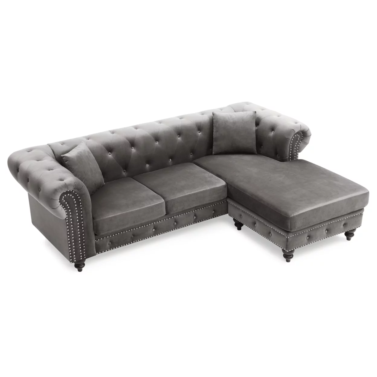 Passion Furniture Nola 98 in. Dark Gray Velvet L-Shape 3-Seater Sofa with 2-Throw Pillow
